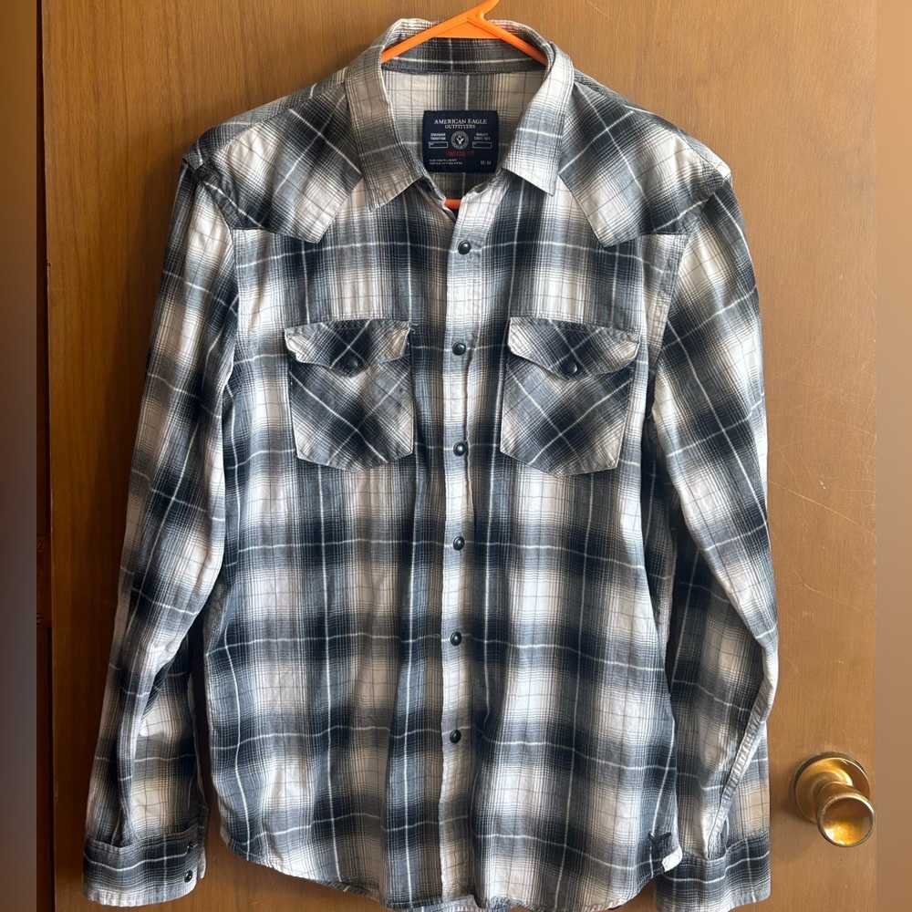 American Eagle Vintage Fit Plaid‎ Shirt Gray Black Snap Button M